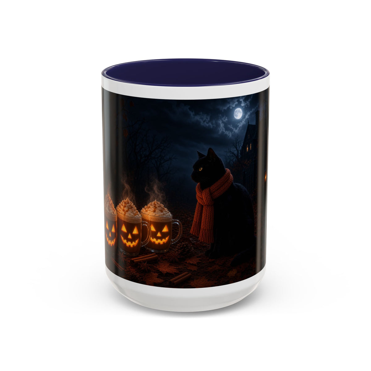 Halloween Black Cat Coffee Mug with Pumpkin Spice Jack-o’-Lanterns – Spooky Autumn Night Accent Mug