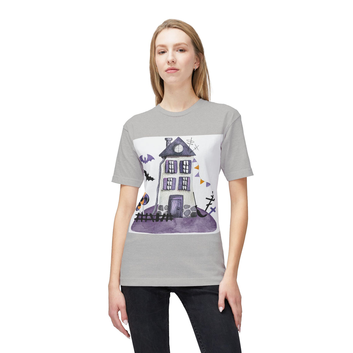 Halloween Haunted House T-Shirt — Purple Spooky Bat & Candy Design