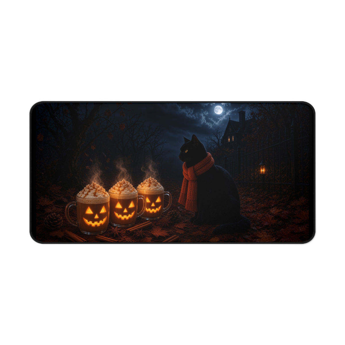 Halloween Cat Desk Mat — Black Cat with Pumpkin Spice Jack-O'-Lantern Mugs & Moonlit Night