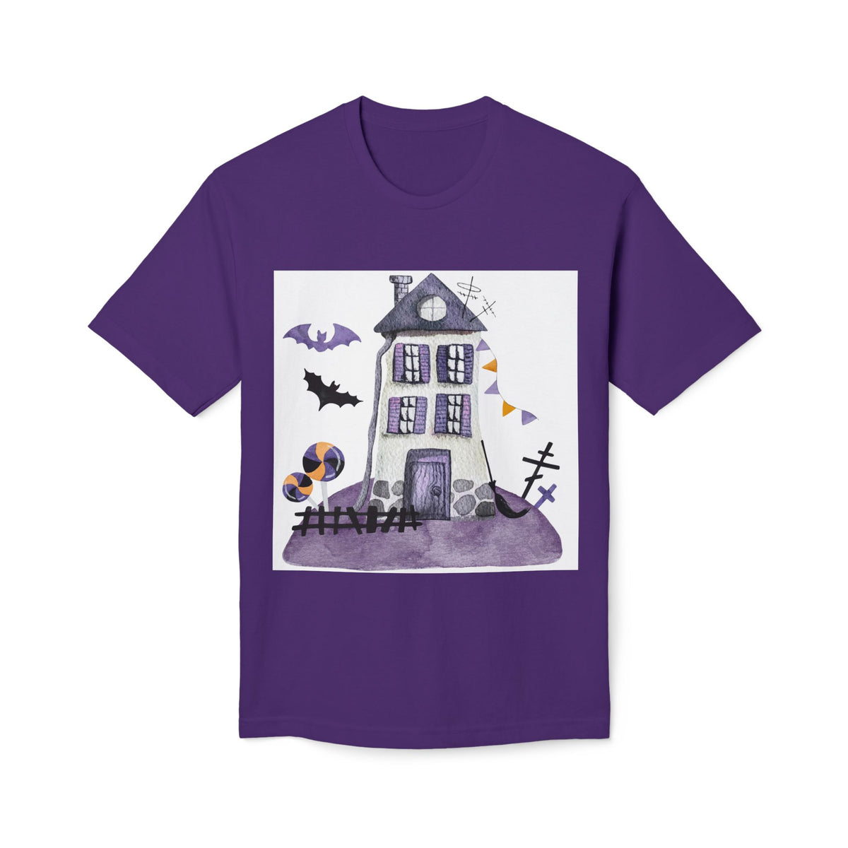 Halloween Haunted House T-Shirt — Purple Spooky Bat & Candy Design
