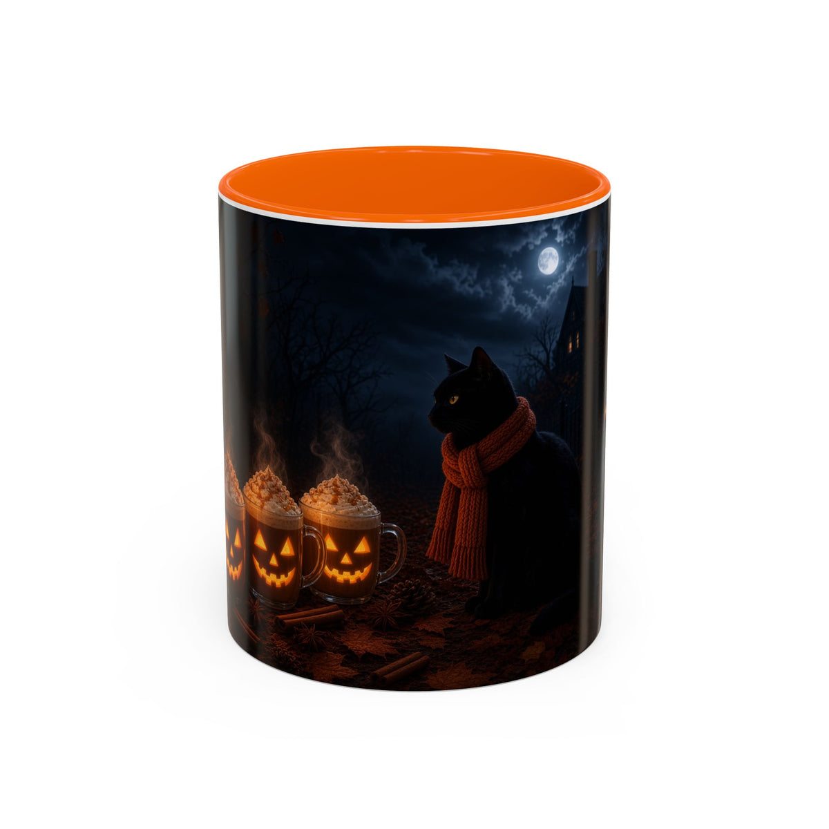 Halloween Black Cat Coffee Mug with Pumpkin Spice Jack-o’-Lanterns – Spooky Autumn Night Accent Mug