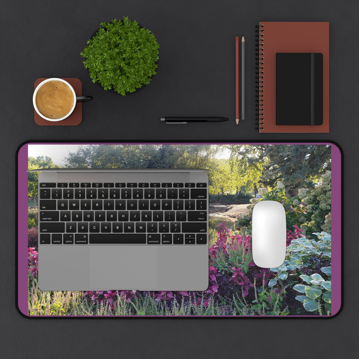 Floral Garden Desk Mat — Tranquil Pond Scene Mouse Pad