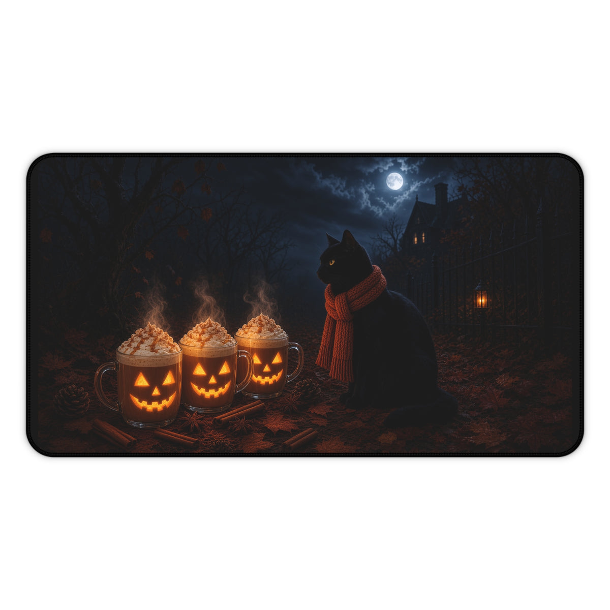 Halloween Cat Desk Mat — Black Cat with Pumpkin Spice Jack-O'-Lantern Mugs & Moonlit Night