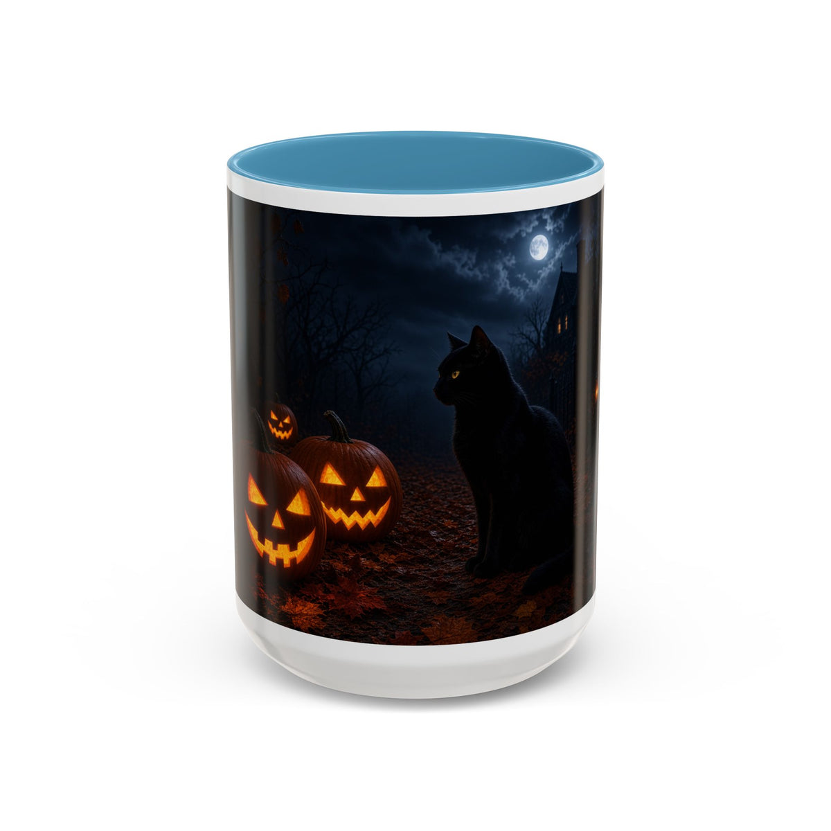 Halloween Black Cat Accent Coffee Mug — Spooky Jack-o'-Lantern Night (Customizable)