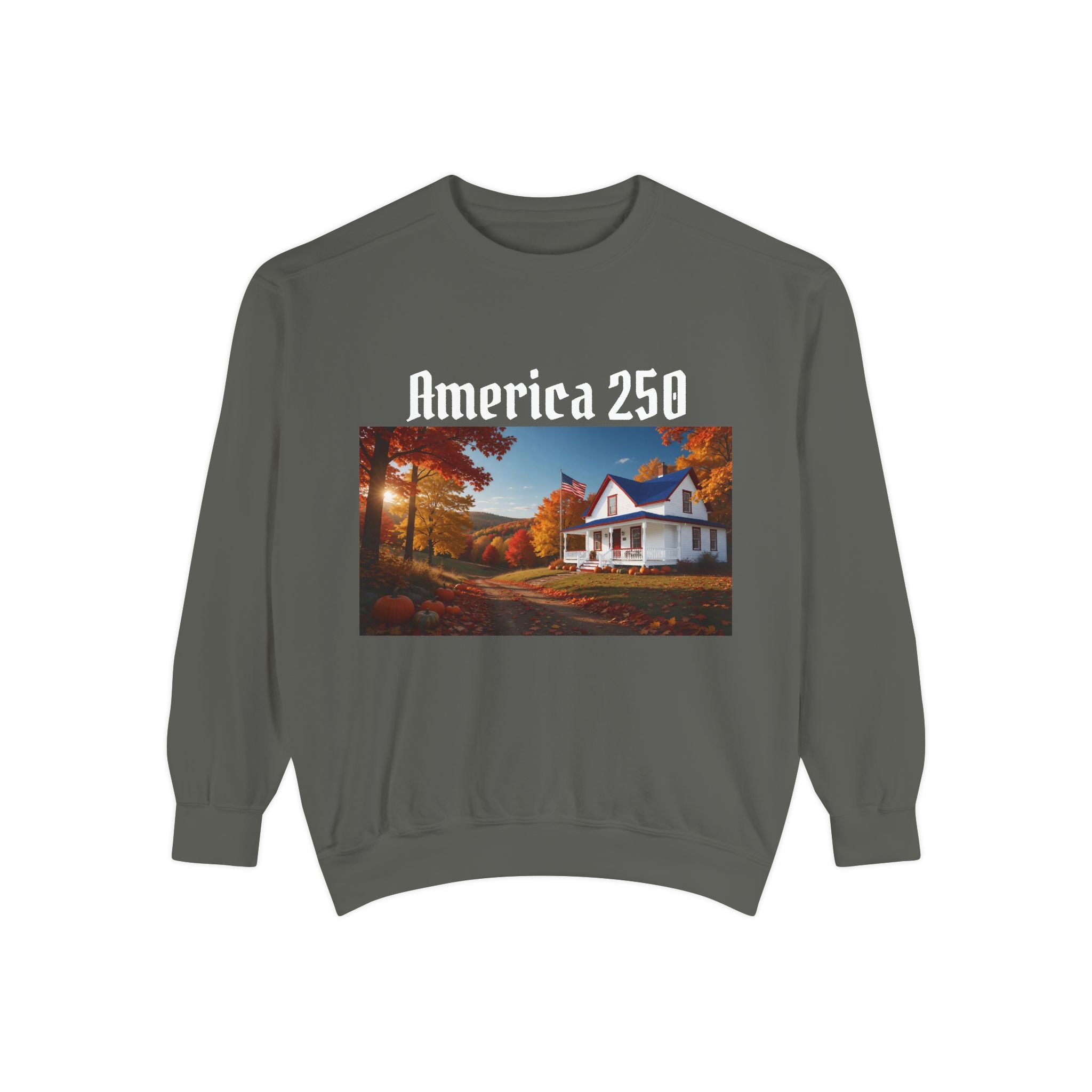 America 250 Fall Farmhouse Sweatshirt — Cozy Autumn Cottage - Printed in USA