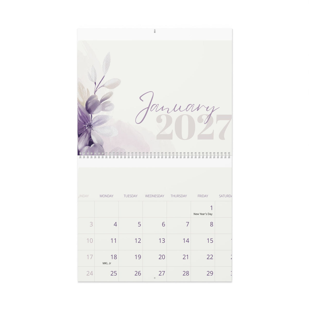 2027 Floral Wall Calendar – Pastel Lavender Monthly Planner