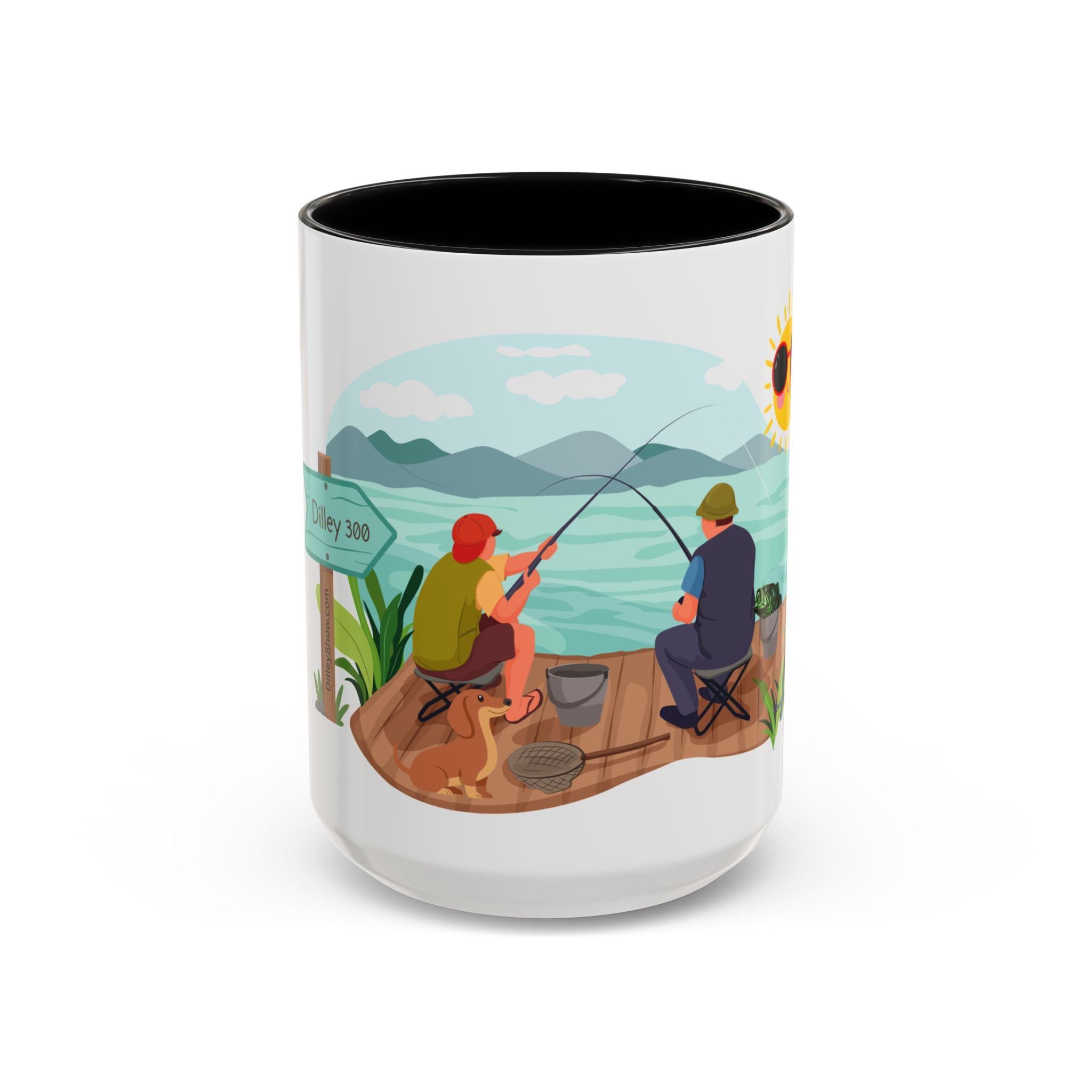 Dilley 300 Fishing Friends Coffee Mug — Cute Sunny Lake Scene Accent Mug (11/15 oz)