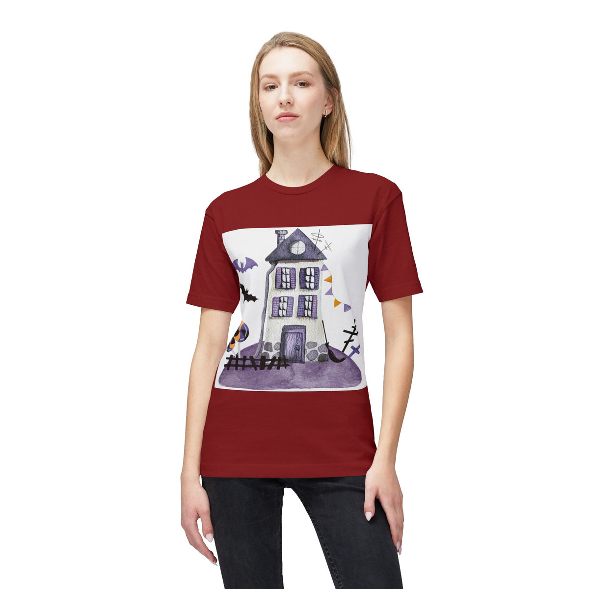Halloween Haunted House T-Shirt — Purple Spooky Bat & Candy Design