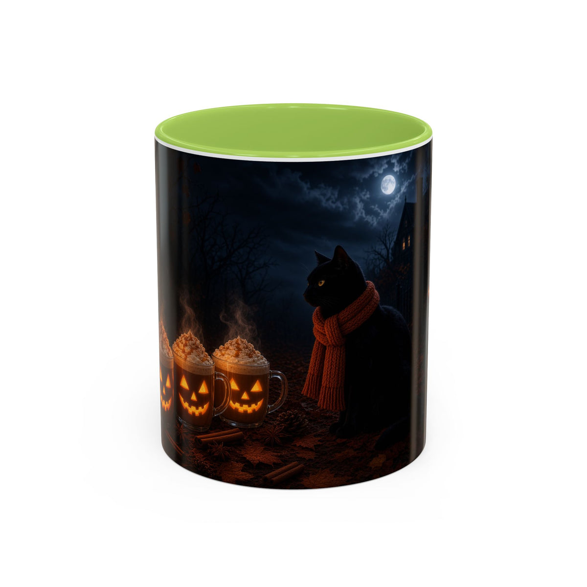 Halloween Black Cat Coffee Mug with Pumpkin Spice Jack-o’-Lanterns – Spooky Autumn Night Accent Mug
