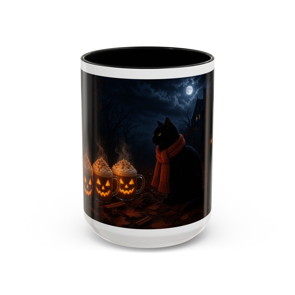 Halloween Black Cat Coffee Mug with Pumpkin Spice Jack-o’-Lanterns – Spooky Autumn Night Accent Mug