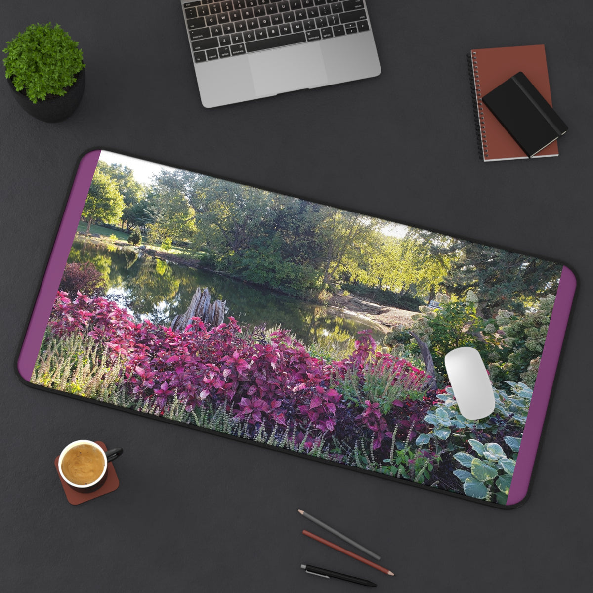 Floral Garden Desk Mat — Tranquil Pond Scene Mouse Pad