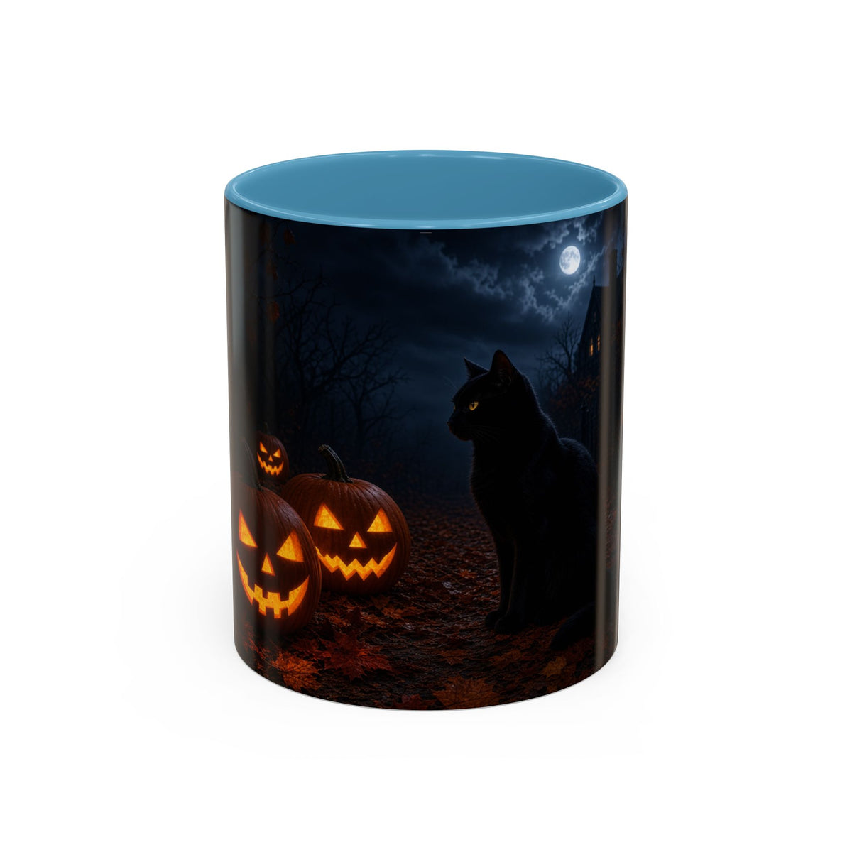 Halloween Black Cat Accent Coffee Mug — Spooky Jack-o'-Lantern Night (Customizable)