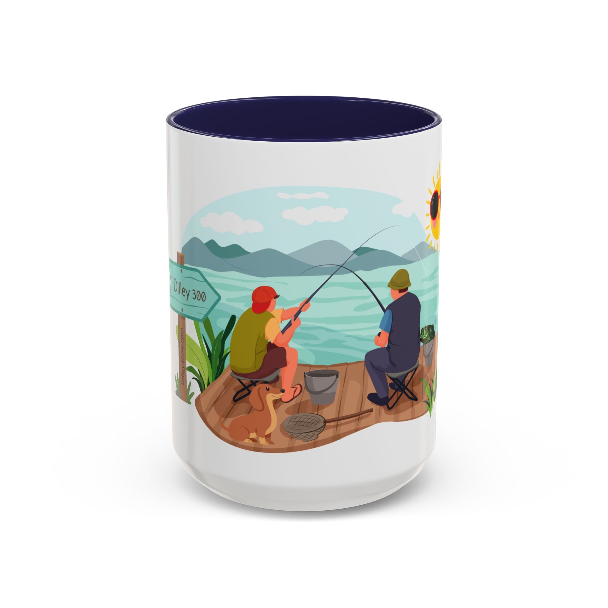 Dilley 300 Fishing Friends Coffee Mug — Cute Sunny Lake Scene Accent Mug (11/15 oz)