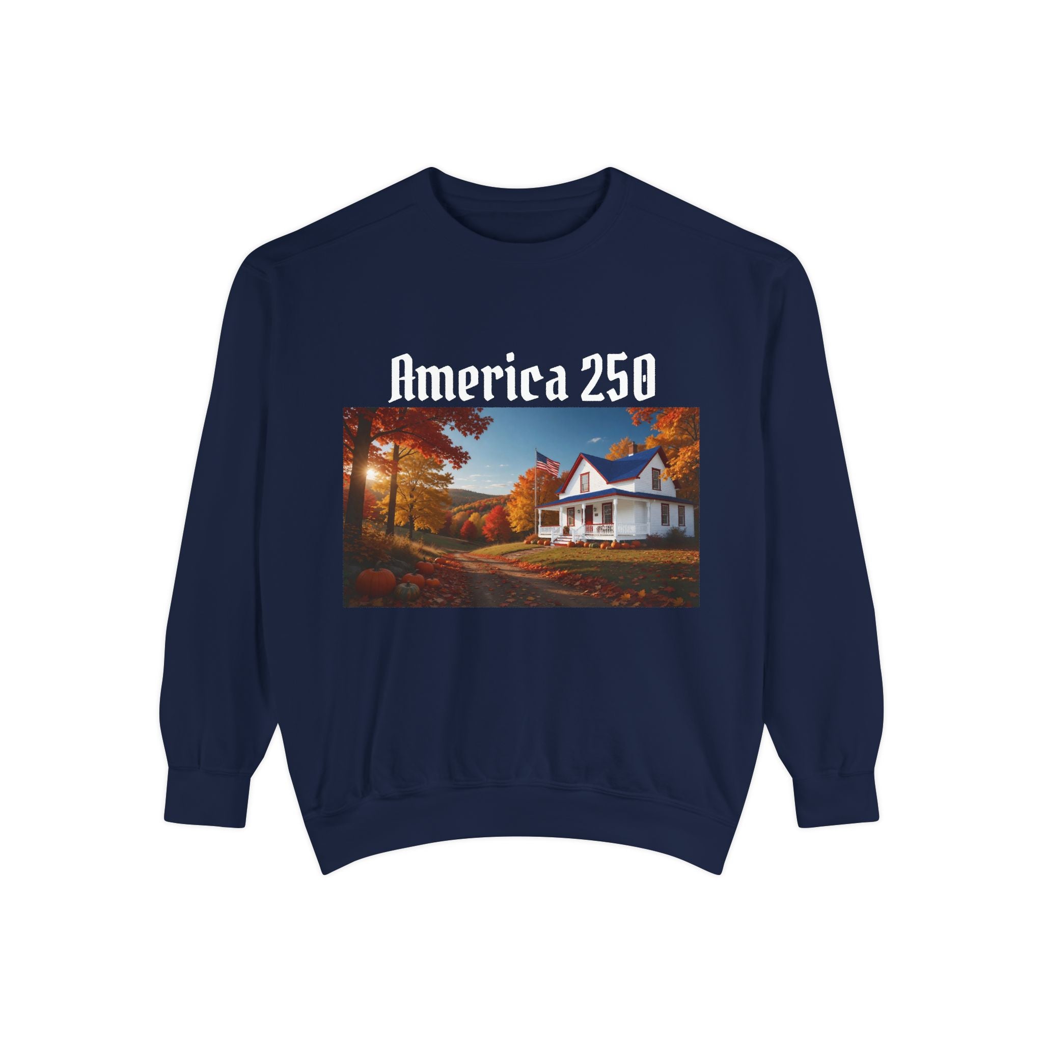 America 250 Fall Farmhouse Sweatshirt — Cozy Autumn Cottage - Printed in USA