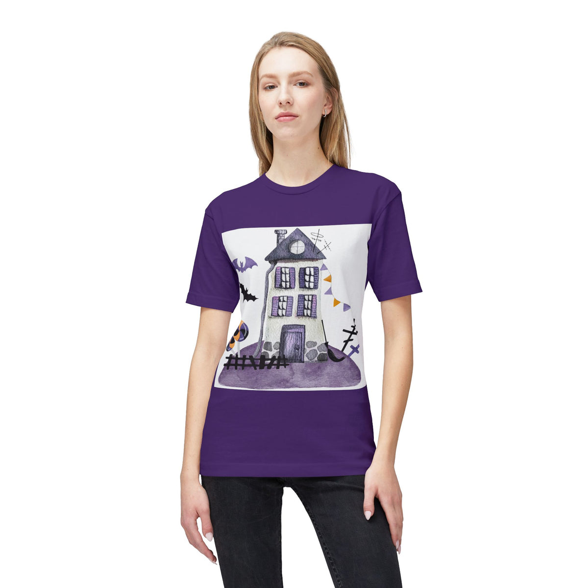 Halloween Haunted House T-Shirt — Purple Spooky Bat & Candy Design