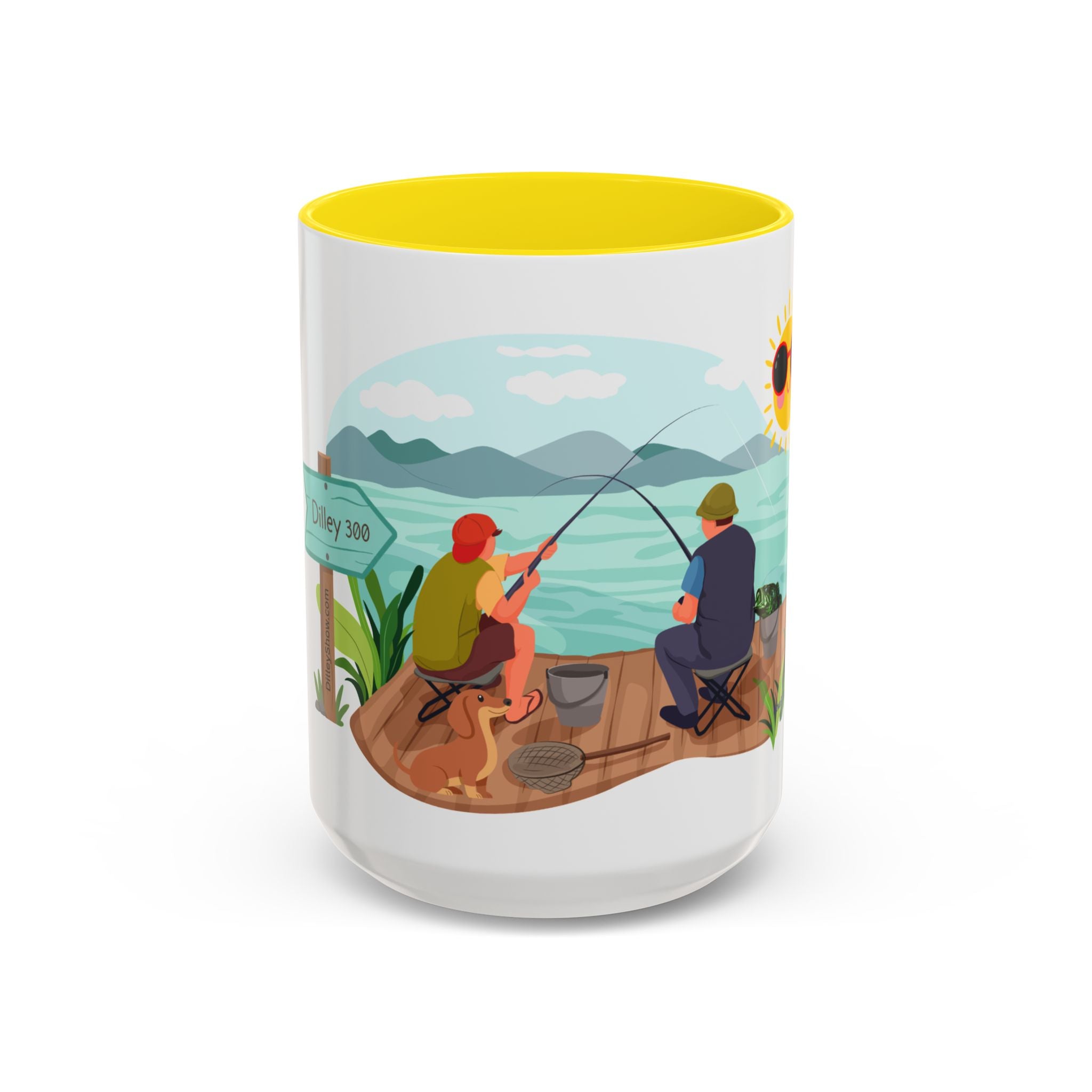 Dilley 300 Fishing Friends Coffee Mug — Cute Sunny Lake Scene Accent Mug (11/15 oz)
