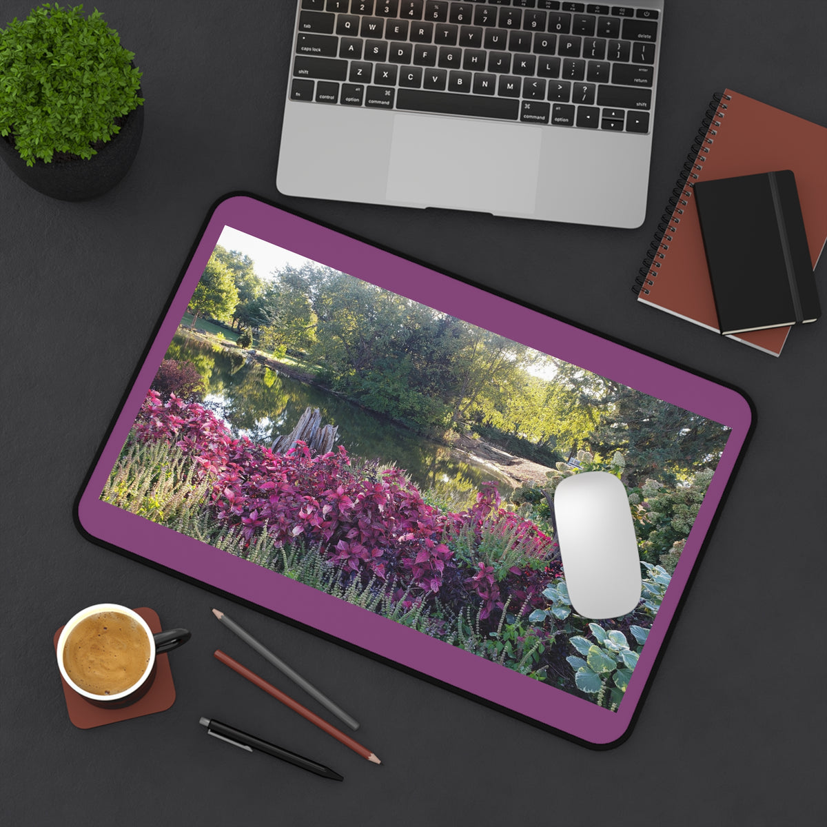 Floral Garden Desk Mat — Tranquil Pond Scene Mouse Pad