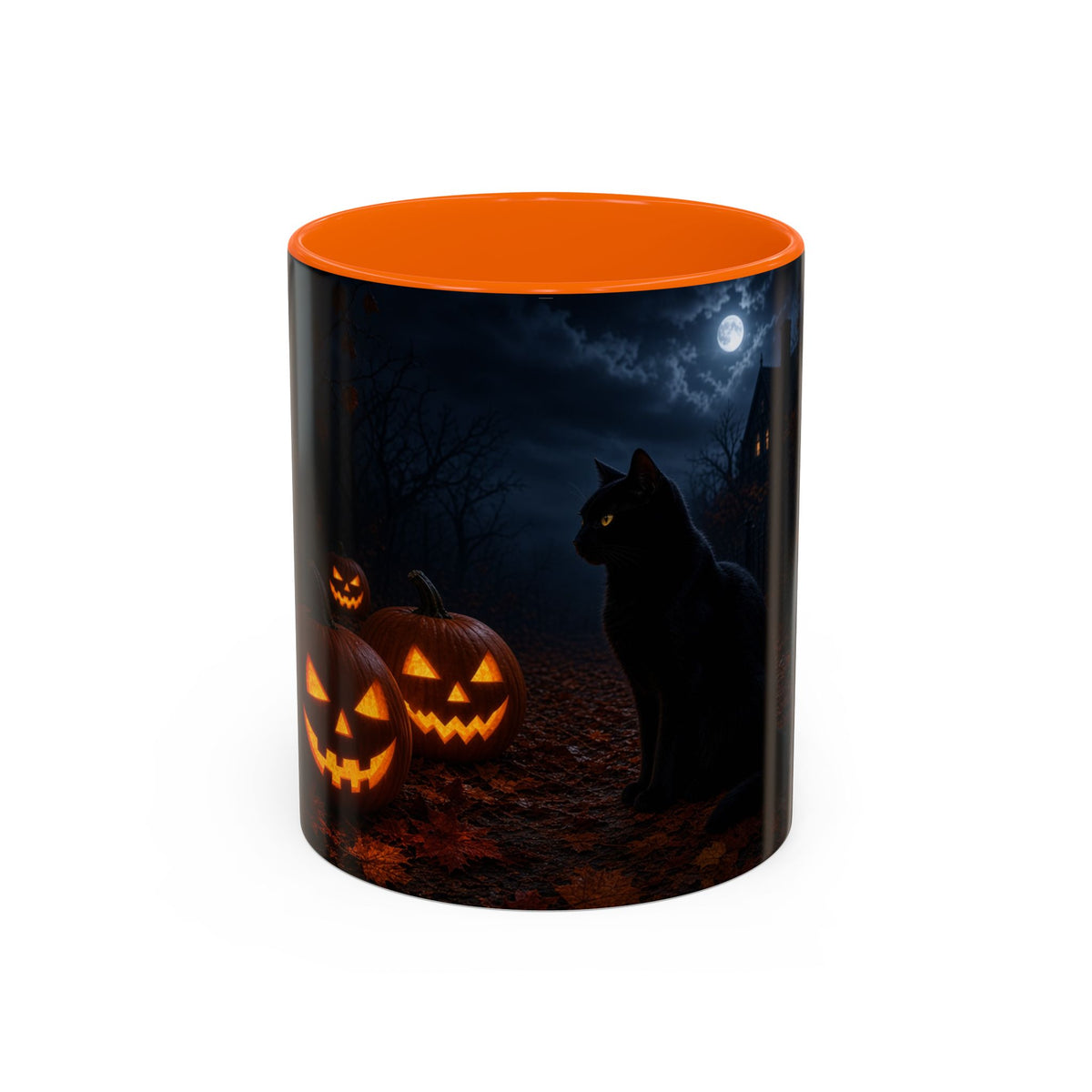 Halloween Black Cat Accent Coffee Mug — Spooky Jack-o'-Lantern Night (Customizable)