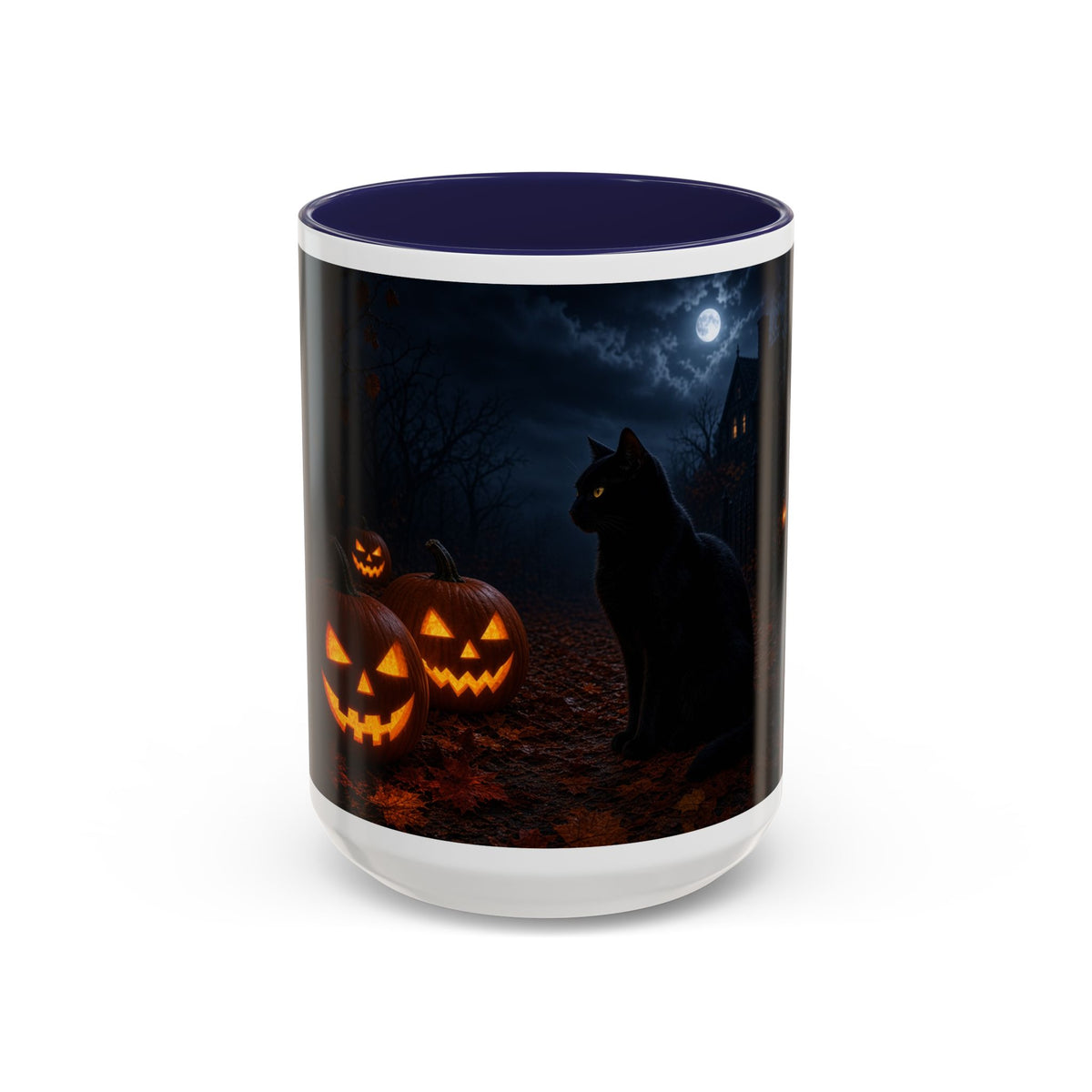 Halloween Black Cat Accent Coffee Mug — Spooky Jack-o'-Lantern Night (Customizable)