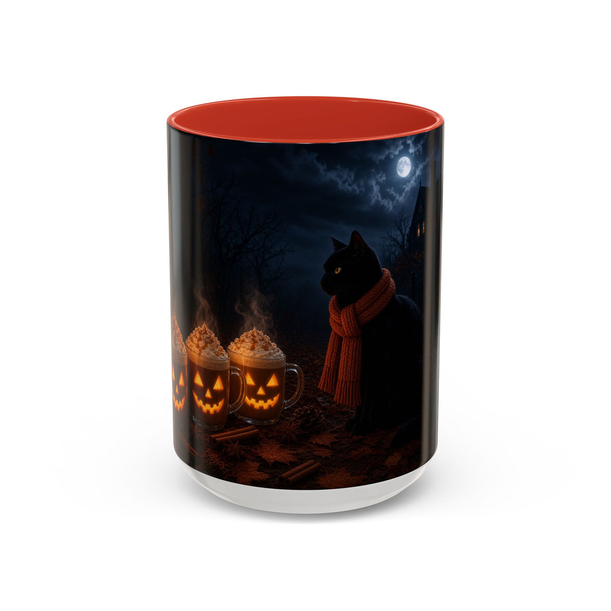 Halloween Black Cat Coffee Mug — Pumpkin Spice Jack-O’-Lantern Latte Accent Mug (11/15 oz)
