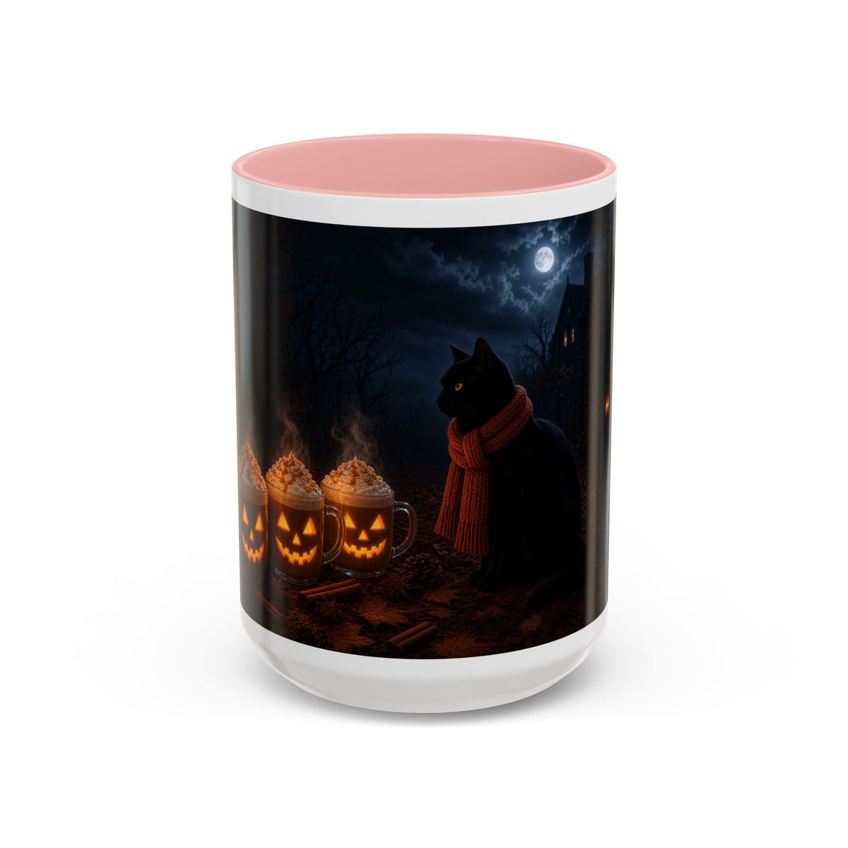 Halloween Black Cat Coffee Mug with Pumpkin Spice Jack-o’-Lanterns – Spooky Autumn Night Accent Mug