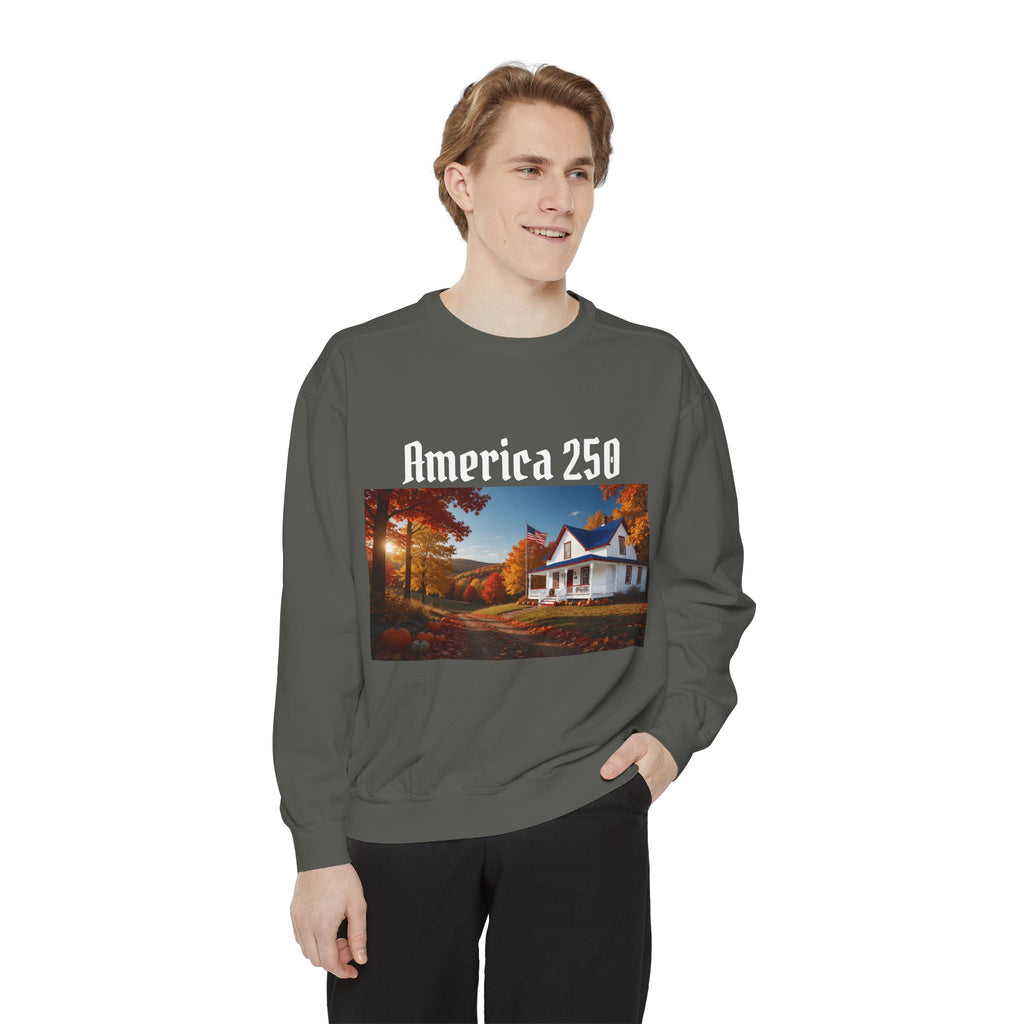 America 250 Fall Farmhouse Sweatshirt — Cozy Autumn Cottage - Printed in USA