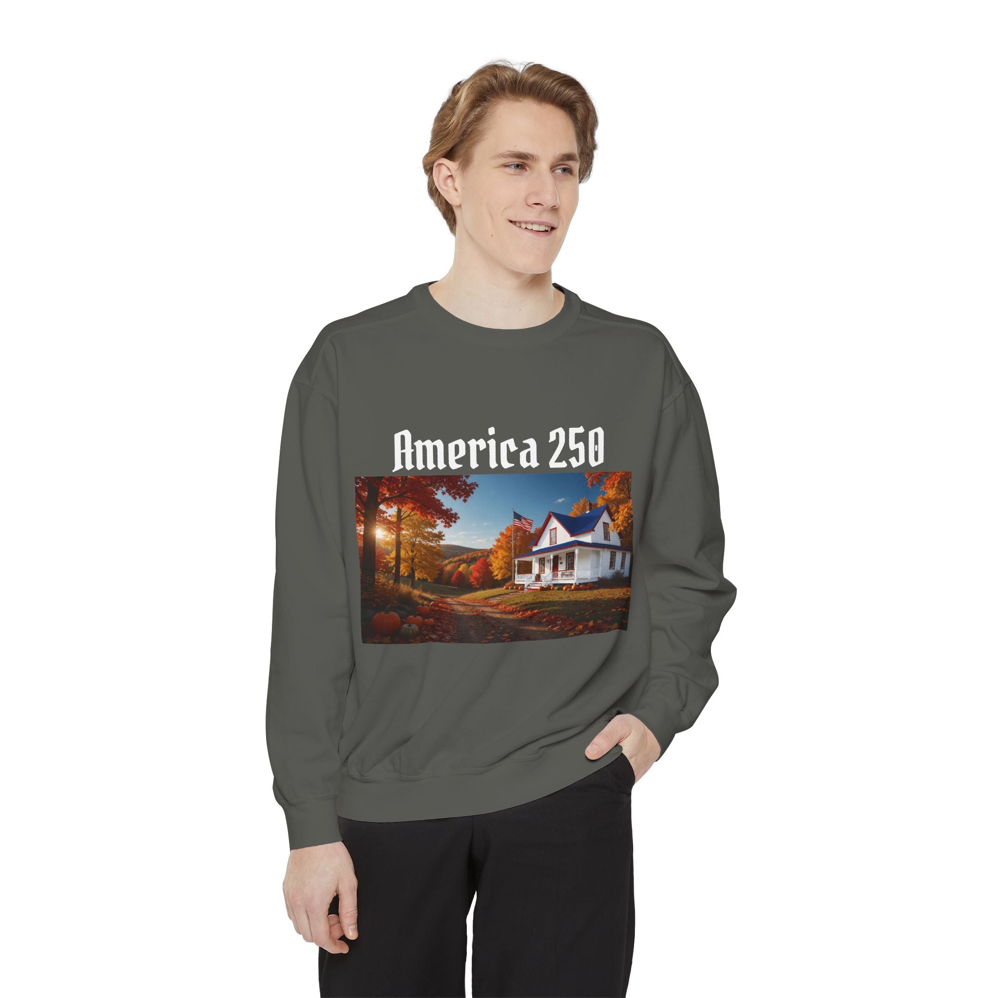 America 250 Fall Farmhouse Sweatshirt — Cozy Autumn Cottage - Printed in USA