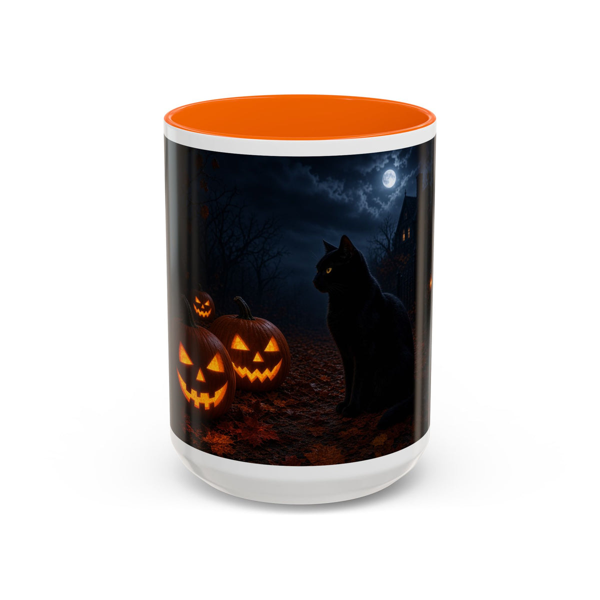 Halloween Black Cat Accent Coffee Mug — Spooky Jack-o'-Lantern Night (Customizable)