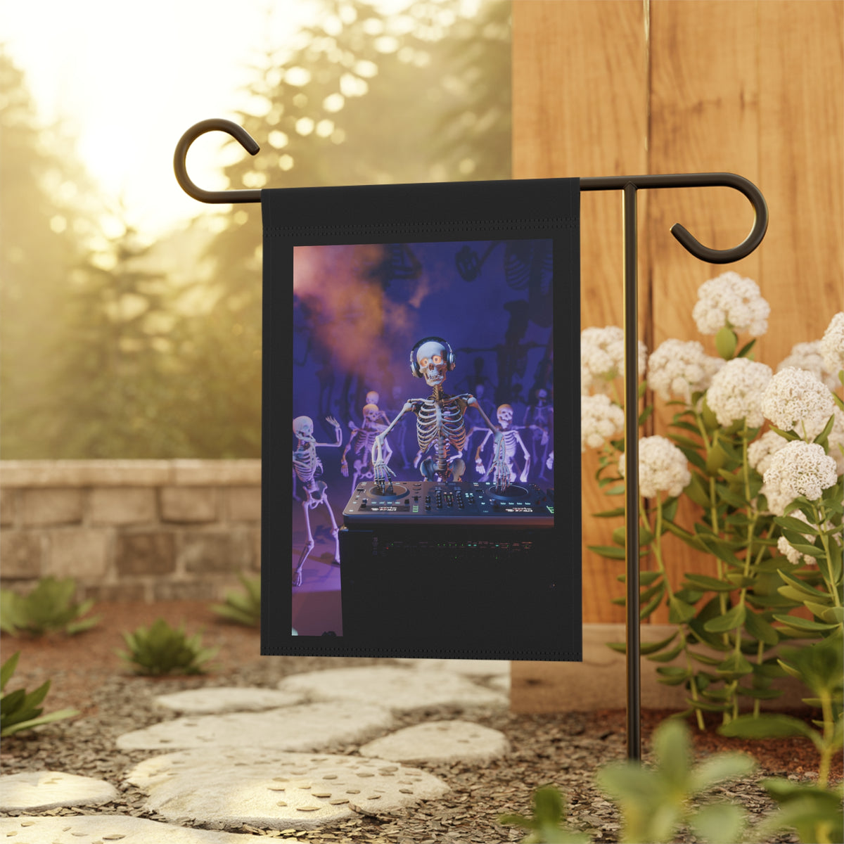 DJ Skeleton Halloween Garden Flag — Spooky Dancing Skeleton Outdoor Banner