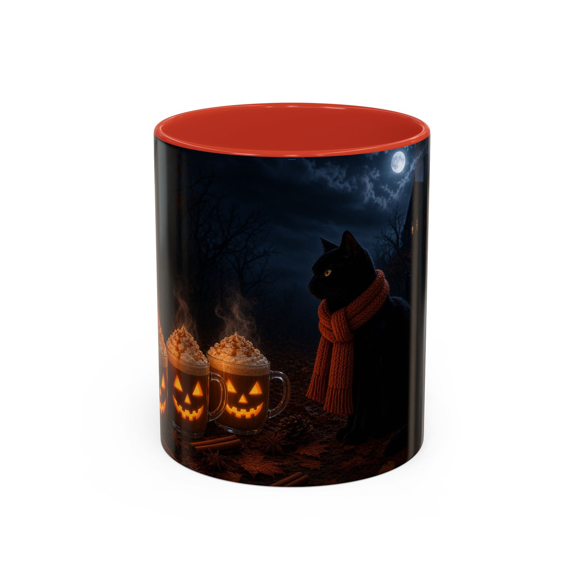 Halloween Black Cat Coffee Mug — Pumpkin Spice Jack-O’-Lantern Latte Accent Mug (11/15 oz)