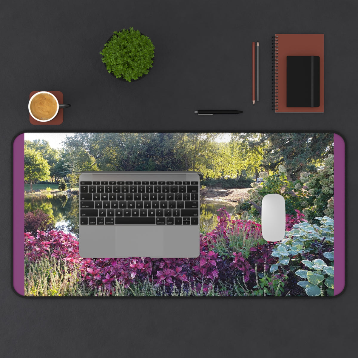 Floral Garden Desk Mat — Tranquil Pond Scene Mouse Pad