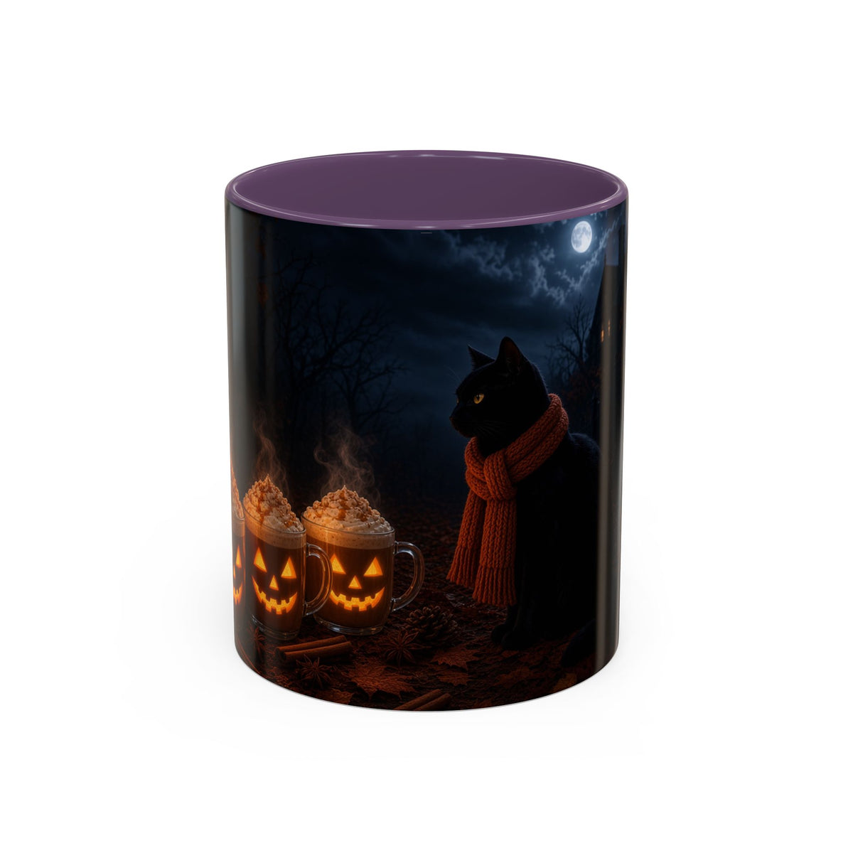 Halloween Black Cat Coffee Mug — Pumpkin Spice Jack-O’-Lantern Latte Accent Mug (11/15 oz)