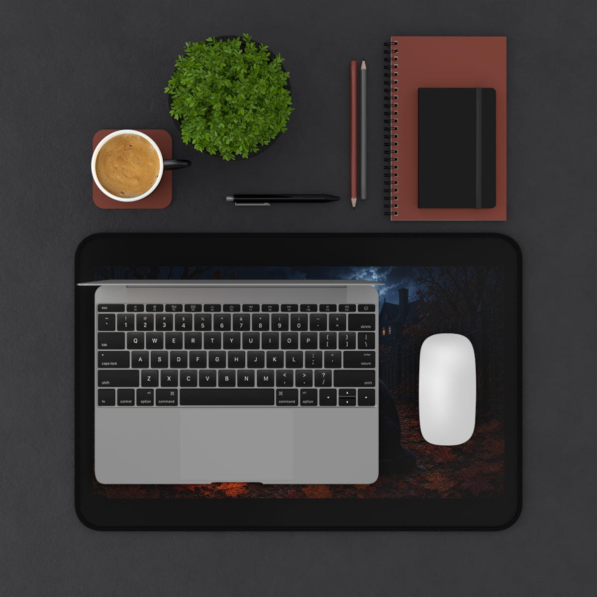 Halloween Black Cat Desk Mat with Jack-O'-Lanterns — Spooky Moonlit Office Mouse Pad