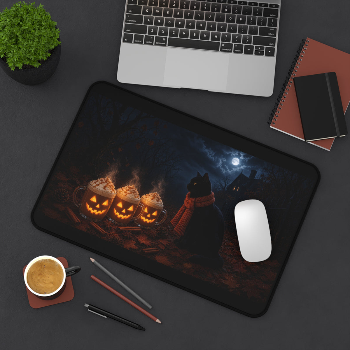 Halloween Cat Desk Mat — Black Cat with Pumpkin Spice Jack-O'-Lantern Mugs & Moonlit Night
