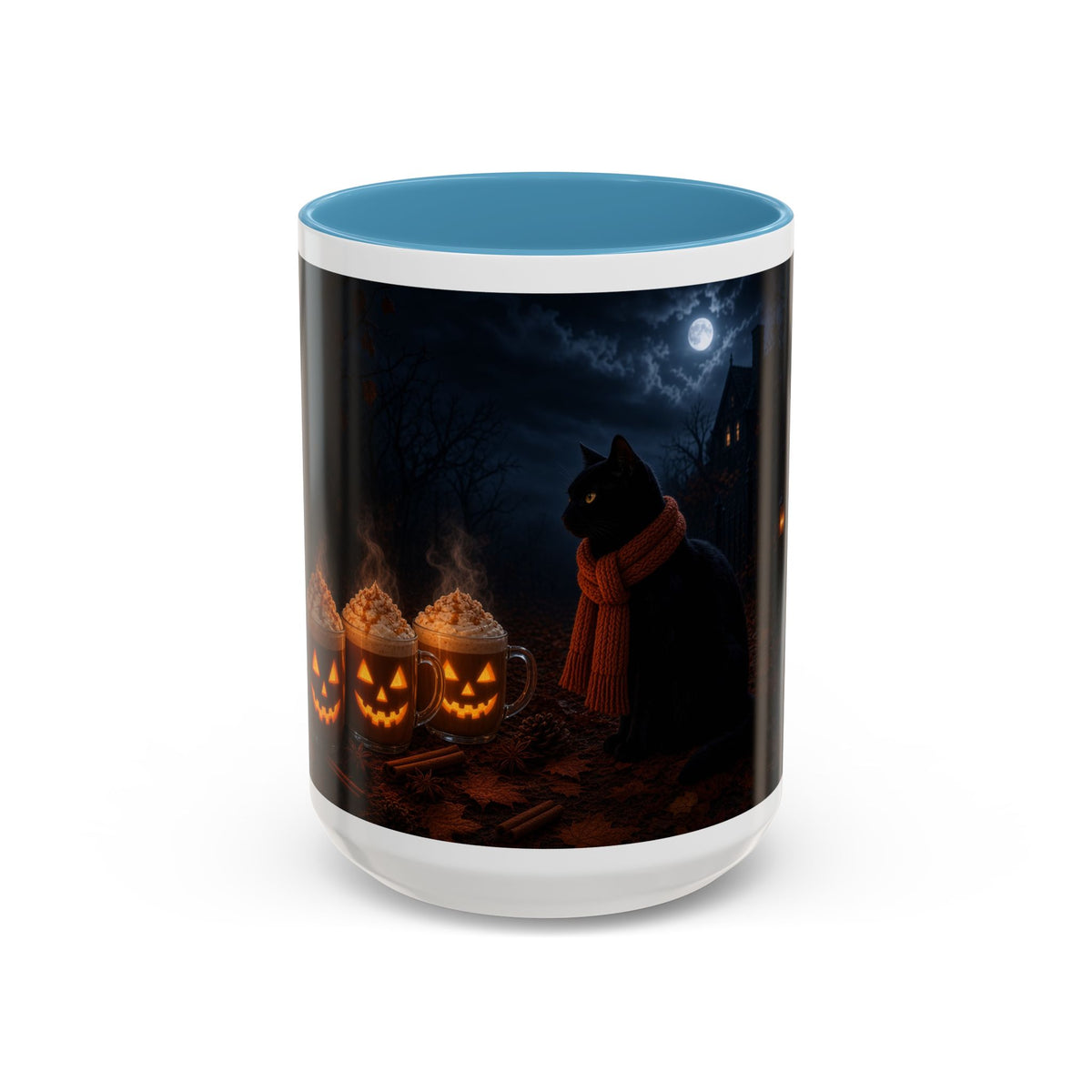 Halloween Black Cat Coffee Mug with Pumpkin Spice Jack-o’-Lanterns – Spooky Autumn Night Accent Mug