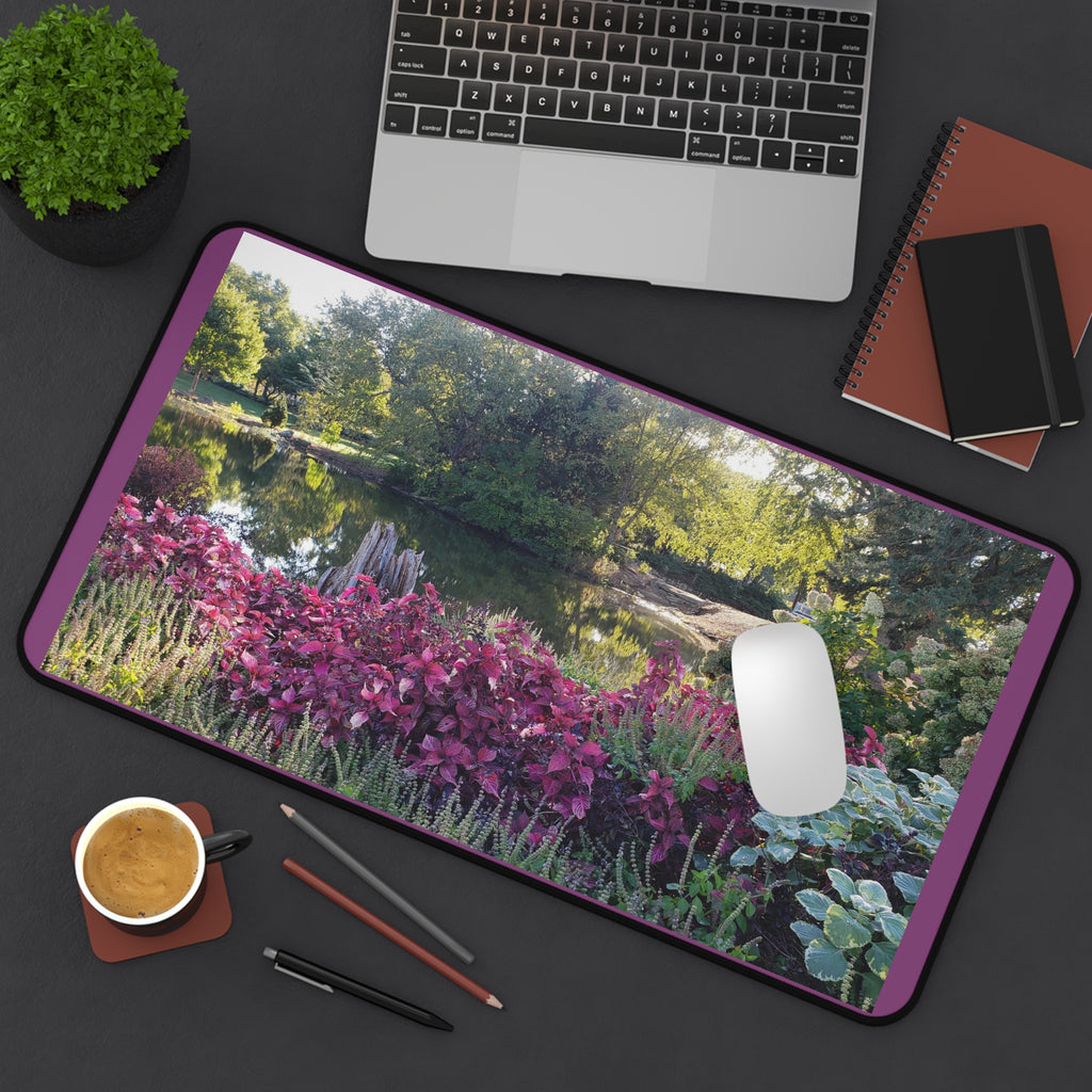 Floral Garden Desk Mat — Tranquil Pond Scene Mouse Pad
