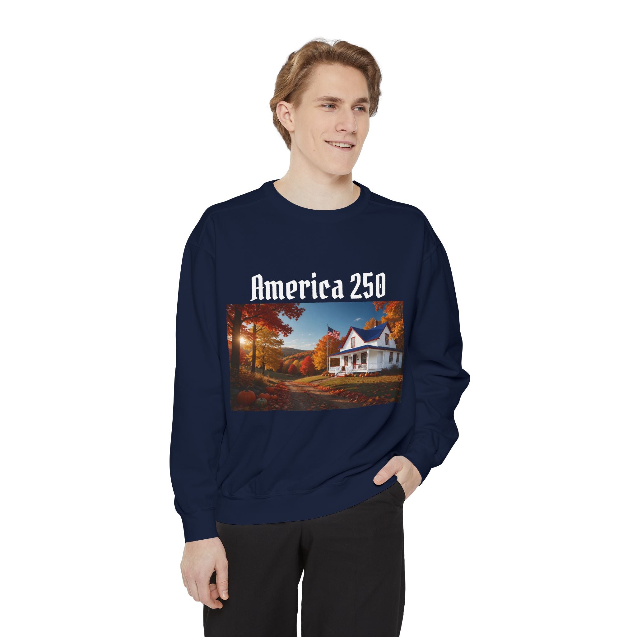 America 250 Fall Farmhouse Sweatshirt — Cozy Autumn Cottage - Printed in USA