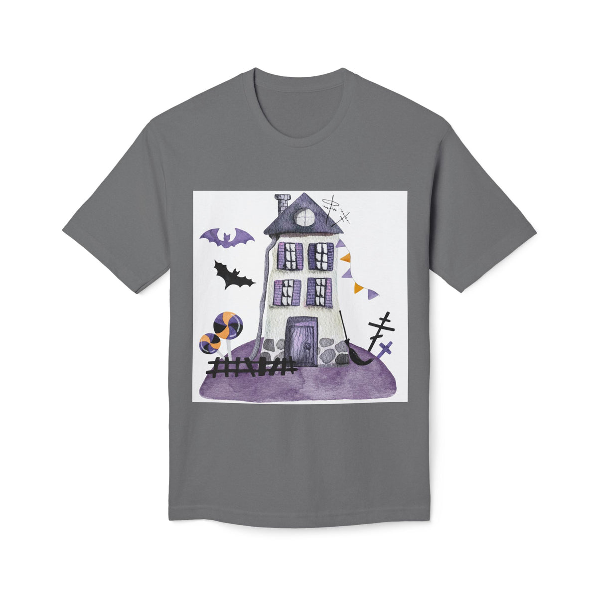 Halloween Haunted House T-Shirt — Purple Spooky Bat & Candy Design
