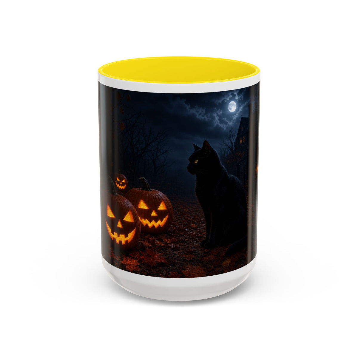 Halloween Black Cat Accent Coffee Mug — Spooky Jack-o'-Lantern Night (Customizable)