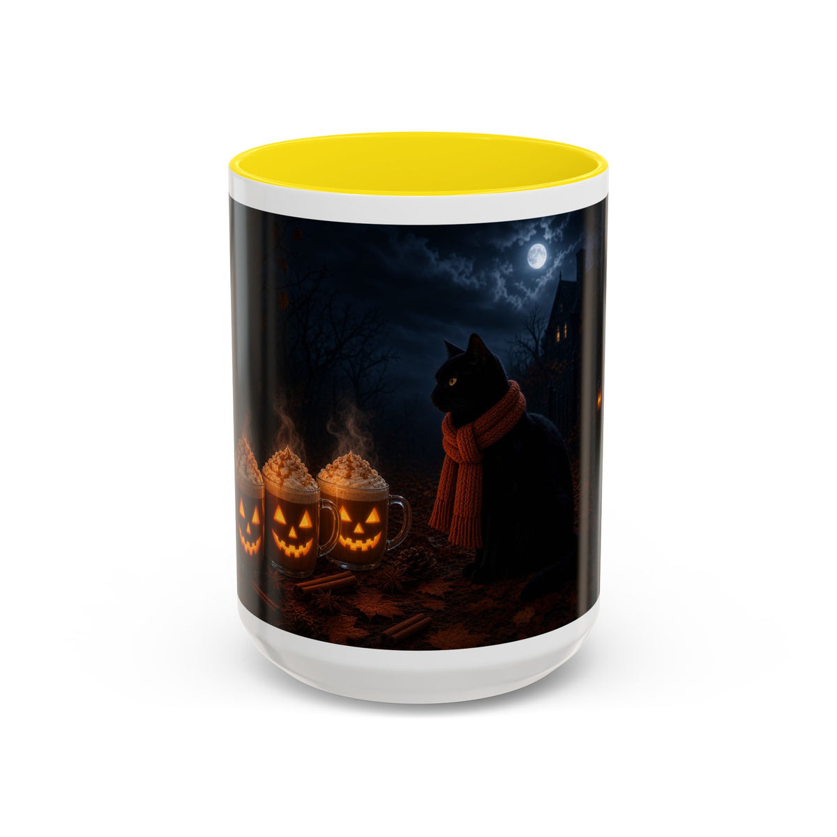 Halloween Black Cat Coffee Mug with Pumpkin Spice Jack-o’-Lanterns – Spooky Autumn Night Accent Mug