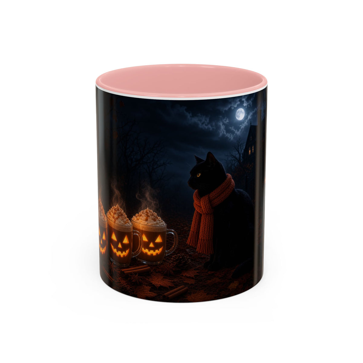 Halloween Black Cat Coffee Mug with Pumpkin Spice Jack-o’-Lanterns – Spooky Autumn Night Accent Mug