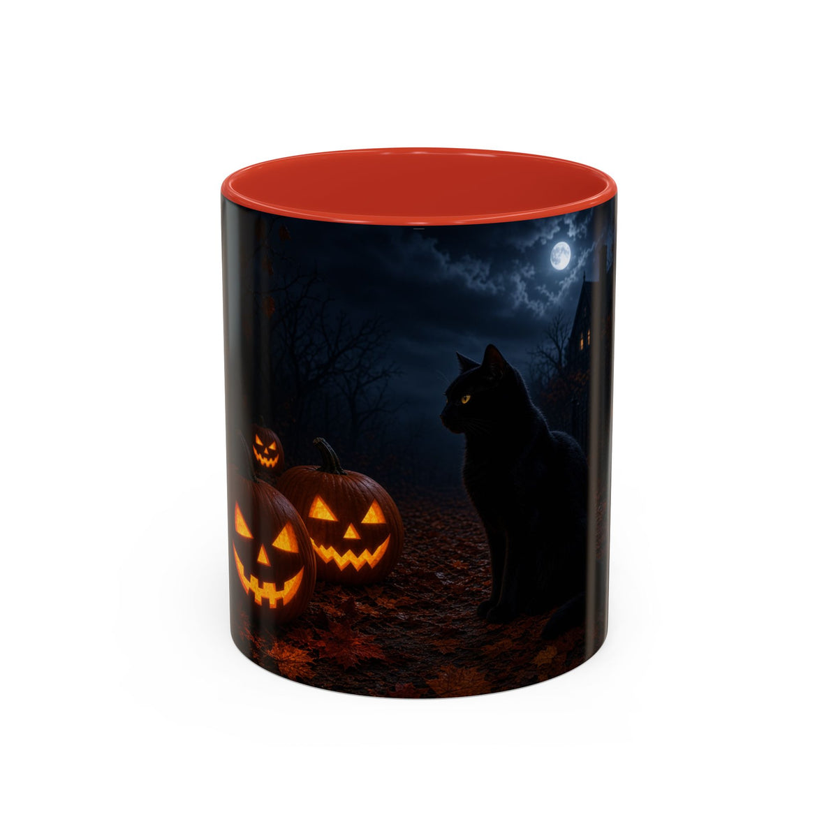 Halloween Black Cat Accent Coffee Mug — Spooky Jack-o'-Lantern Night (Customizable)