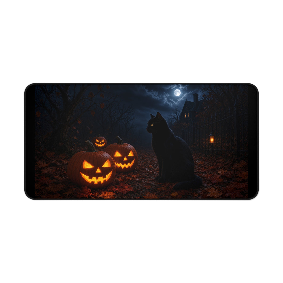 Halloween Black Cat Desk Mat with Jack-O'-Lanterns — Spooky Moonlit Office Mouse Pad