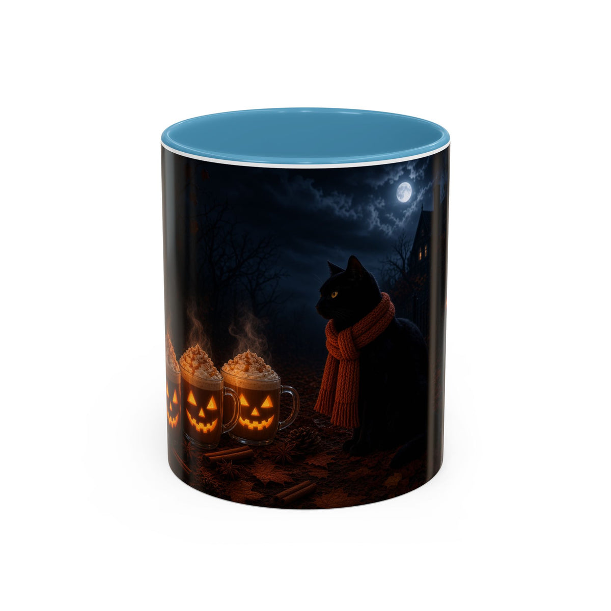 Halloween Black Cat Coffee Mug with Pumpkin Spice Jack-o’-Lanterns – Spooky Autumn Night Accent Mug