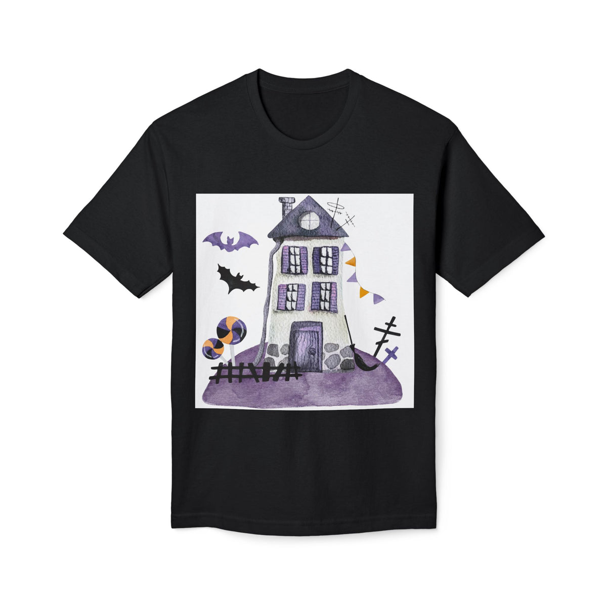 Halloween Haunted House T-Shirt — Purple Spooky Bat & Candy Design