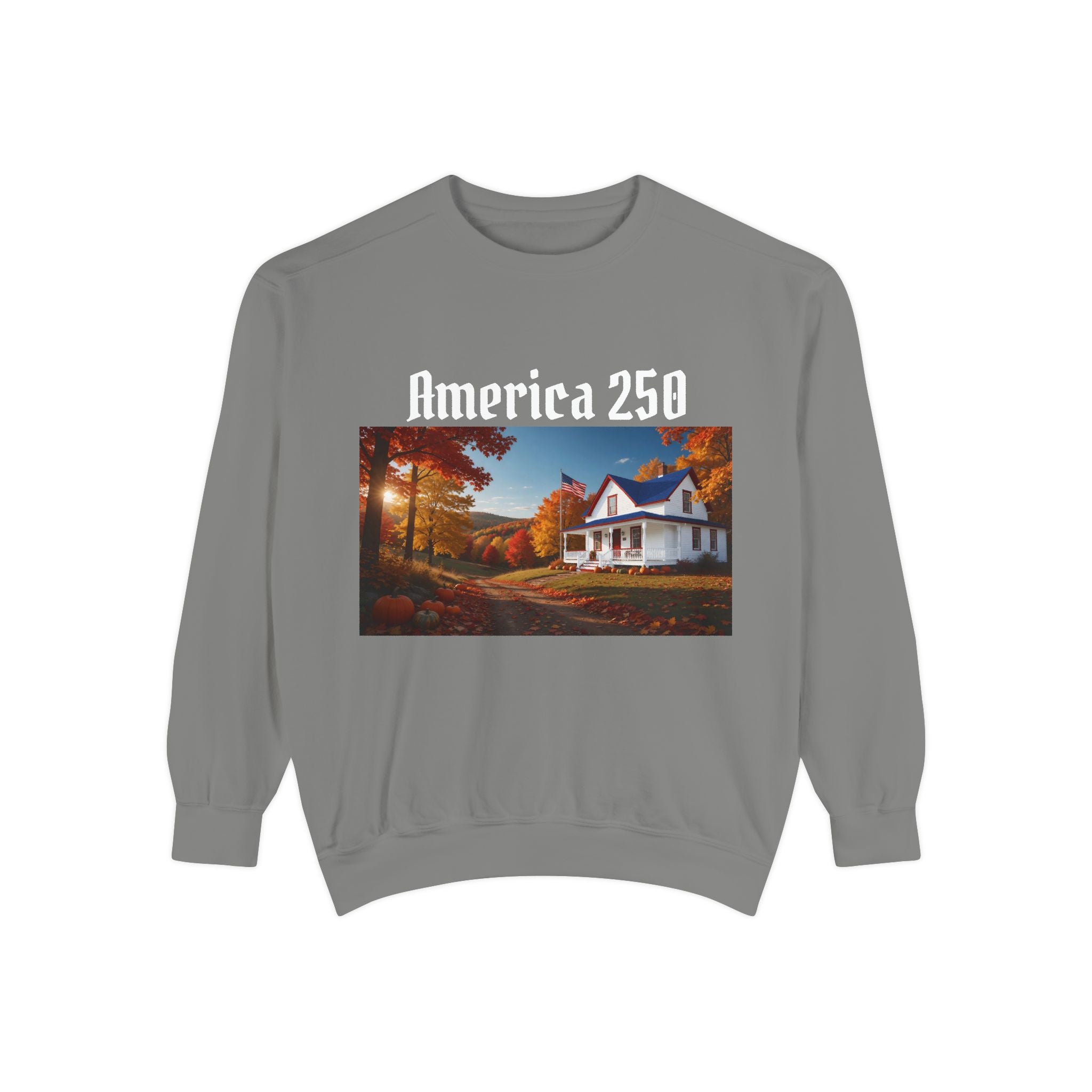 America 250 Fall Farmhouse Sweatshirt — Cozy Autumn Cottage - Printed in USA