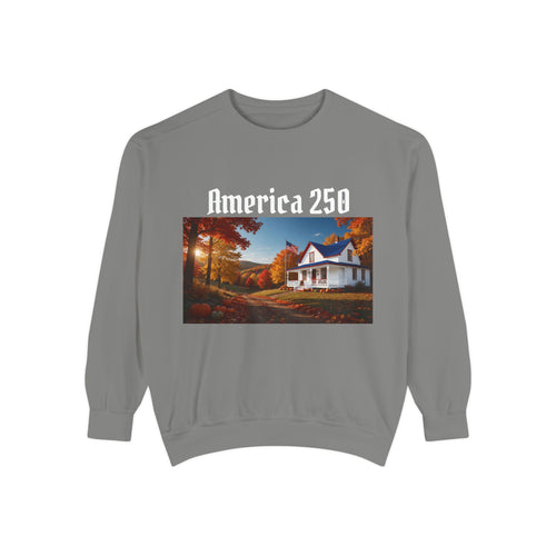 America 250 Fall Farmhouse Sweatshirt — Cozy Autumn Cottage - Printed in USA