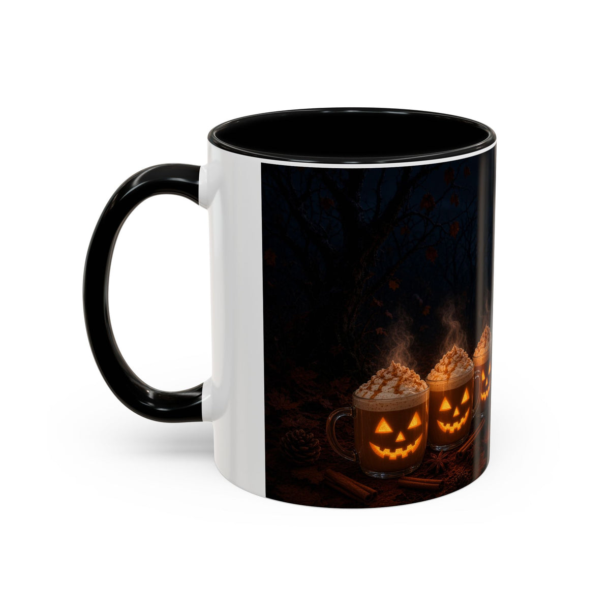 Halloween Black Cat Coffee Mug with Pumpkin Spice Jack-o’-Lanterns – Spooky Autumn Night Accent Mug