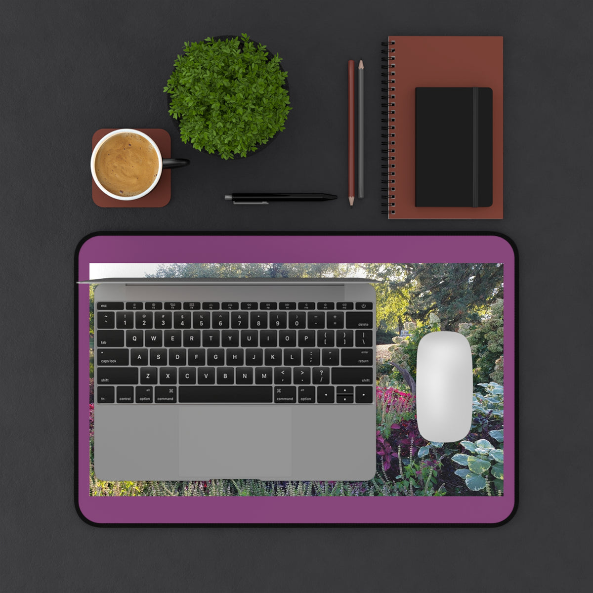 Floral Garden Desk Mat — Tranquil Pond Scene Mouse Pad