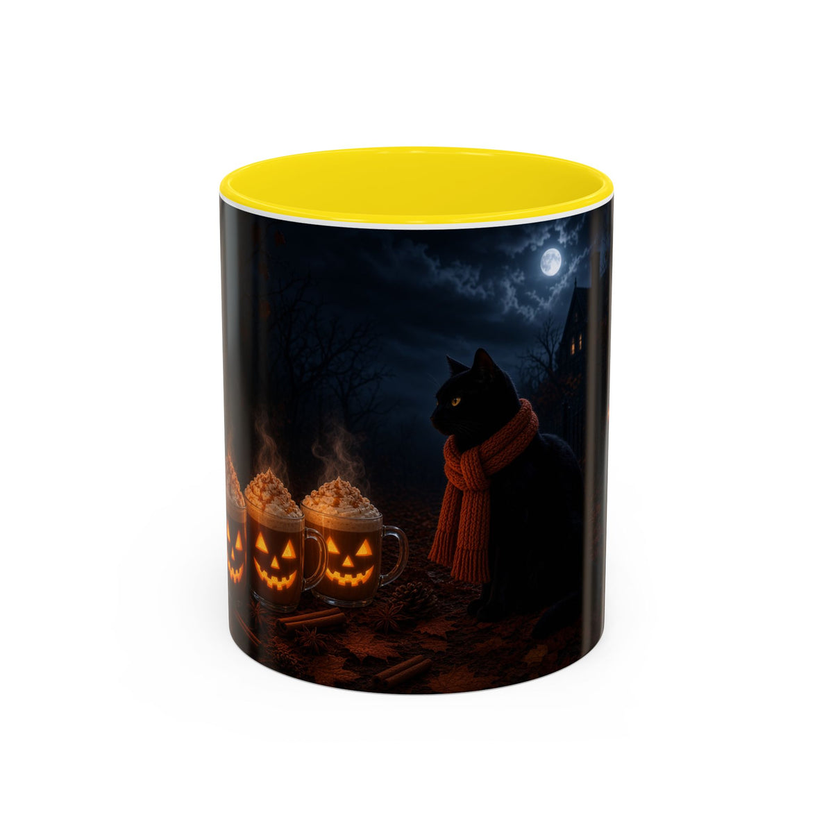 Halloween Black Cat Coffee Mug with Pumpkin Spice Jack-o’-Lanterns – Spooky Autumn Night Accent Mug